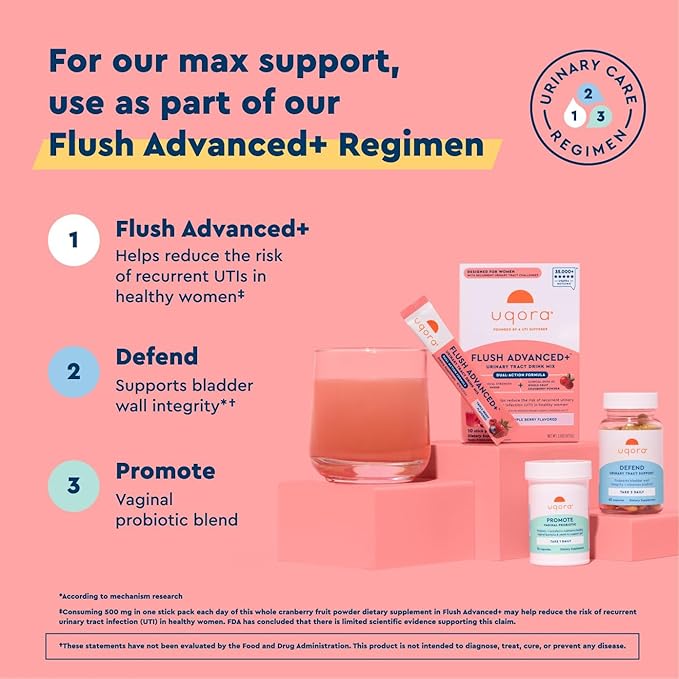 Uqora Flush Advanced+ - Helps Reduce Risk of Recurrent UTI** - with Cranberry, D-Mannose, Vitamin C, Vitamin B6 & Potassium - Gluten-Free & Vegan - Triple Berry Flavor - 20 Packets (2 Pack)