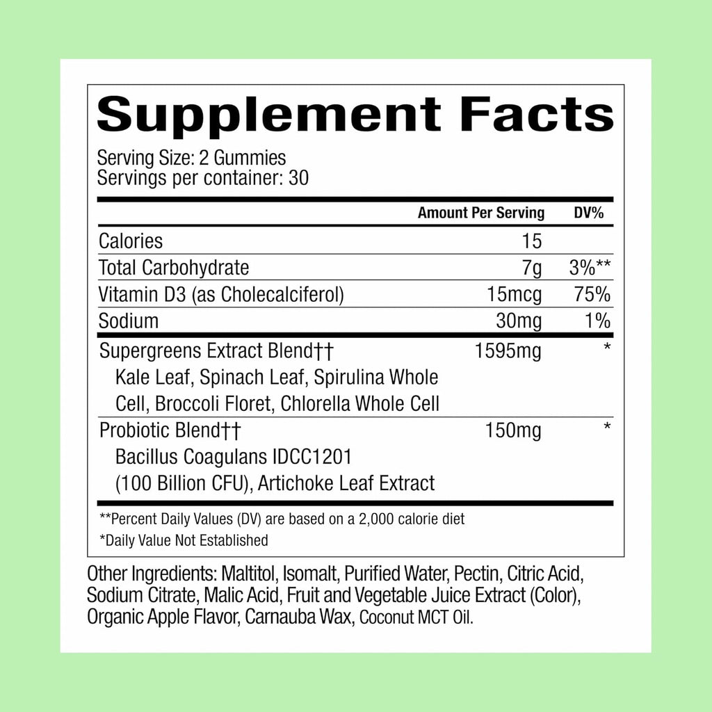 Plant People WonderGreens Veggie Gummies Super Greens with Probiotics Multivitamin Support Gummy for Wellbeing, Energy, Immune and Gut Health, Green Apple Flavor (60 Count)
