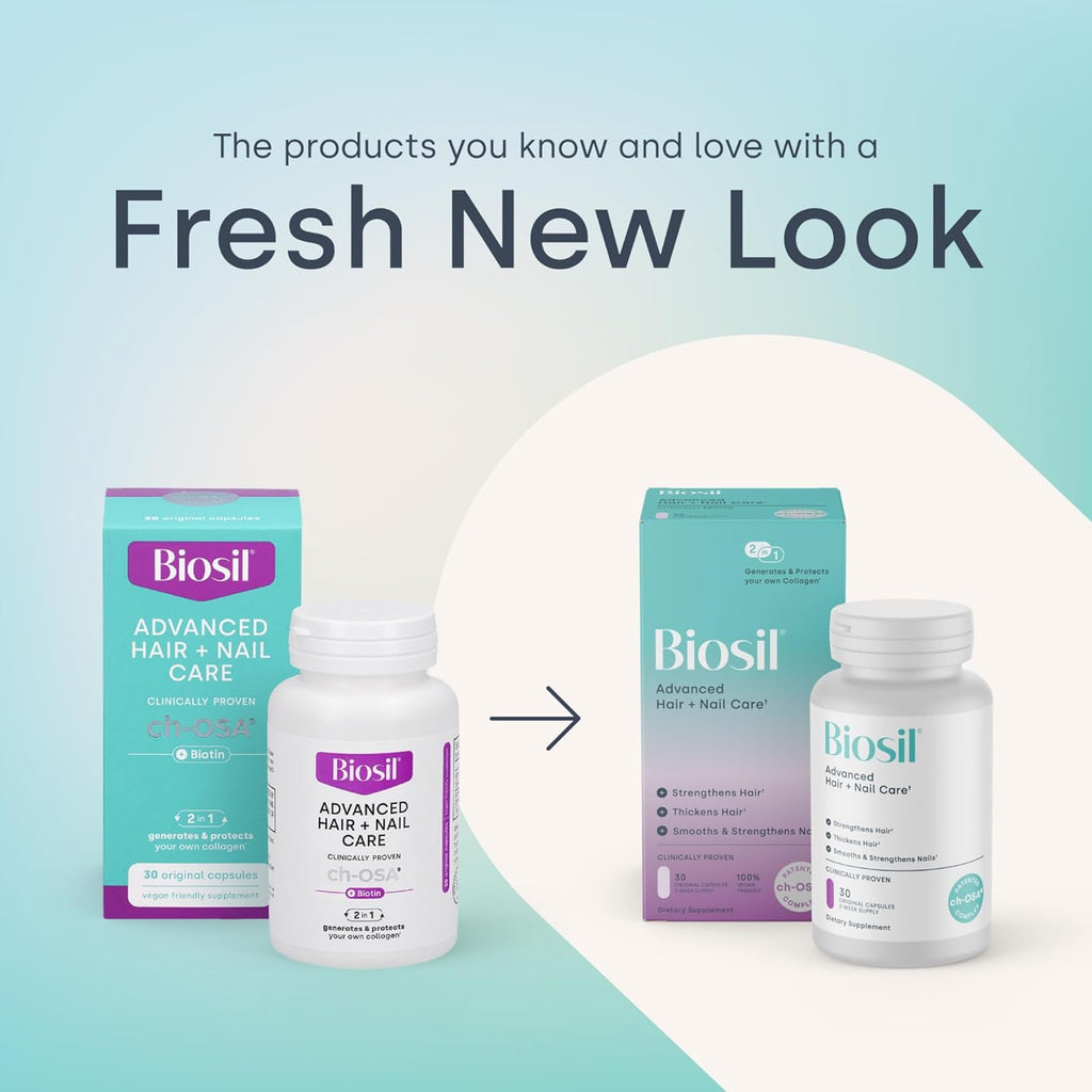 Biosil Advanced Hair + Nail Care - Growth Vitamins for Women - Strengthen & Thicken Strands - 60 Capsules - Patented ch-OSA - 30-Day Supply