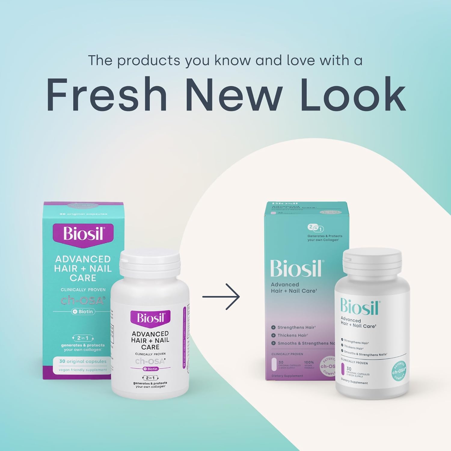 Biosil Advanced Hair + Nail Care - Growth Vitamins for Women - Strengthen & Thicken Strands - 60 Capsules - Patented ch-OSA - 30-Day Supply