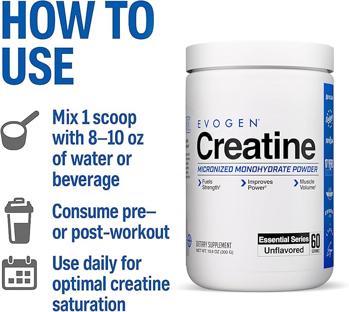 Evogen Creatine Monohydrate Powder - Micronized Creatine for Women & Men | Pure Creatine Powder Supplement for Strength, Power & Recovery | Unflavored | 60 Servings