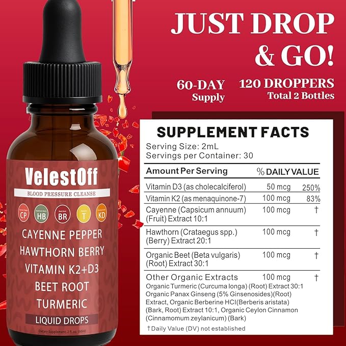 Velestoff Cayenne Pepper | Cayenne Heart & Circulation Blend – Botanical Extracts with Hawthorn, Beet Root, Turmeric, Vitamin K2 & D3 – Daily Wellness Drops (2 fl oz) (1)