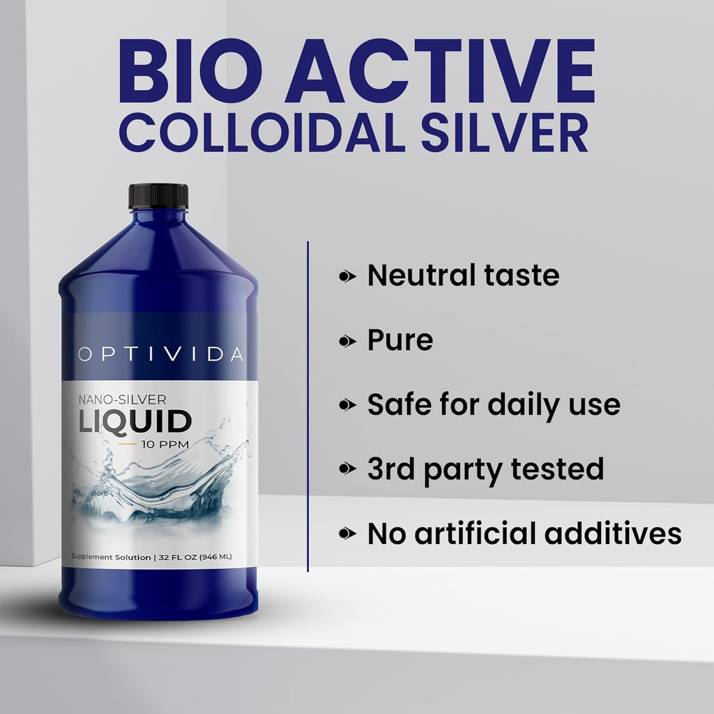 Optivida Health Colloidal Silver Liquid (32 oz) – Immune Support Supplements with Silver Hydrosol, Liquid for Immune Support, Colloidal Silver for Immune System.