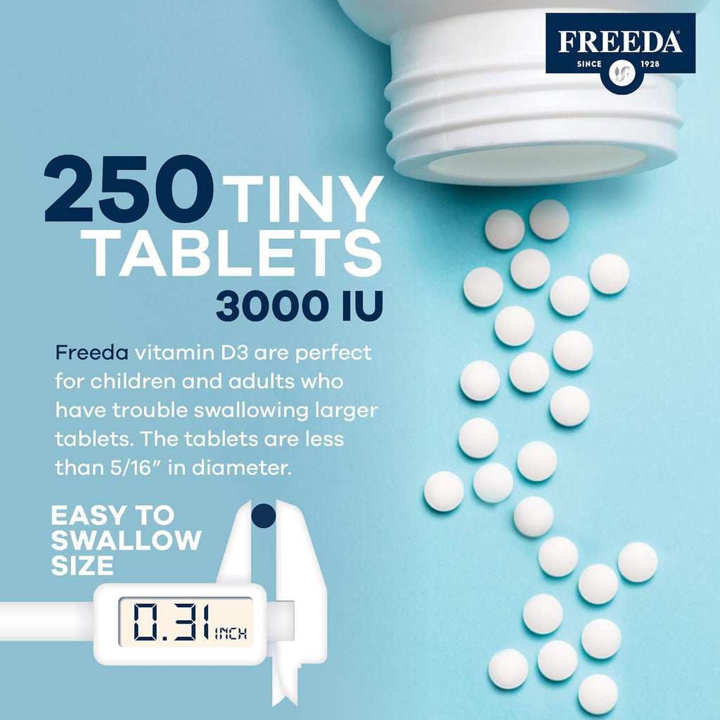 FREEDA Vitamin D3 3000 IU – High-Potency Vitamin D for Bone Strength & Immune Support – Easy-to-Swallow Tablets – 250 Tiny Tablets