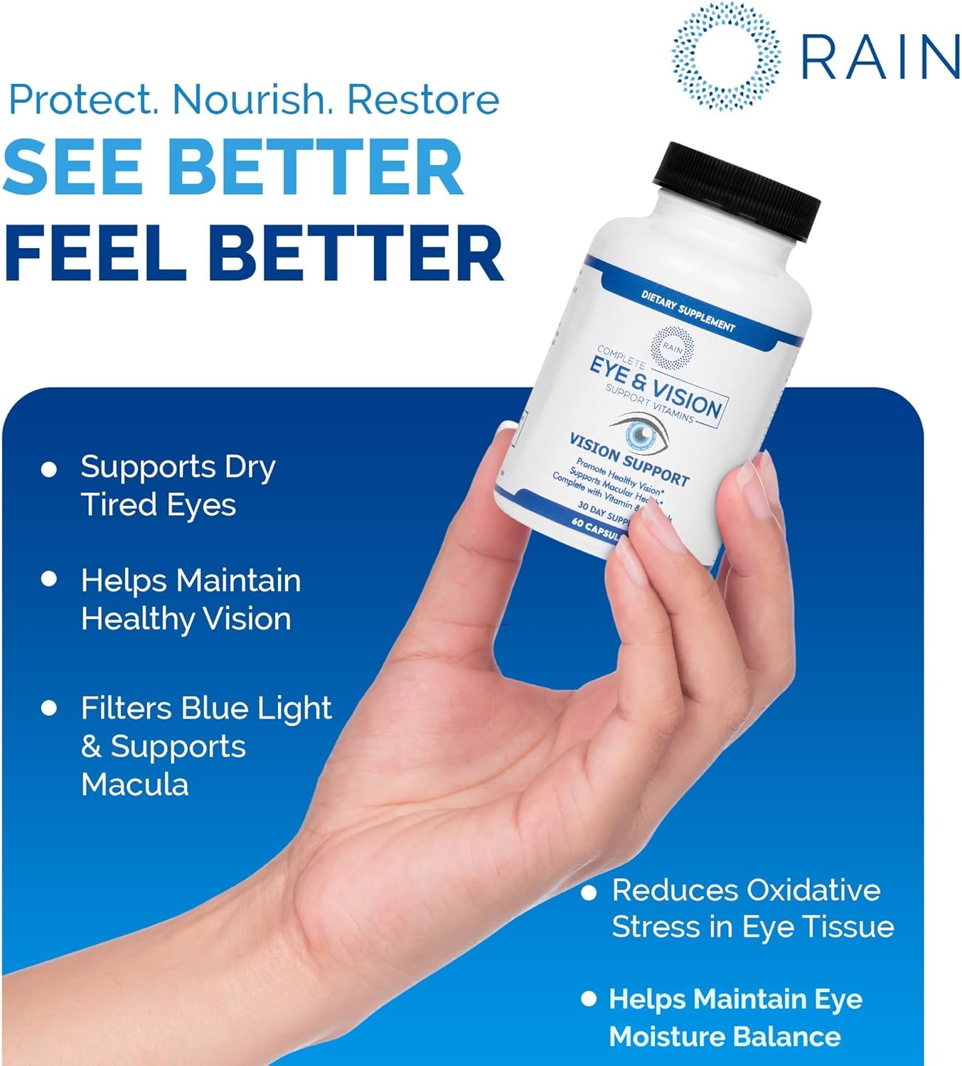 Rain Eye Vitamins & Vision Supplements for Adults – Eye Comfort and Vision Support – Lutein and Zeaxanthin Eye Supplements for Macular Health – 60 Veggie Capsules