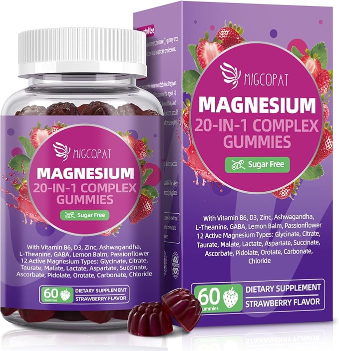 Magnesium Complex Gummies, 20 in 1 Magnesium Gummy with Glycinate Citrate Malate Taurate - Ashwagandha, L-Theanine, D3&Zinc for Relaxation, Sleep, Muscle&Heart Support, Strawberry, 60 Cts
