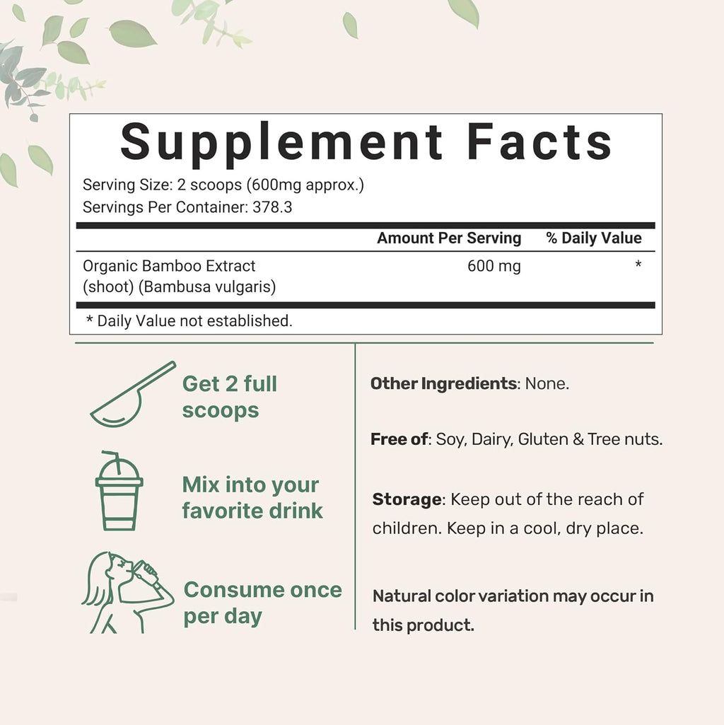 Micro Ingredients Organic Bamboo Extract Powder, 8 Ounce (1 Year Supply), Rich in Silica and Minerals, Supports Healthy Skin, Nail, Hair, Joints and Bones, Non-GMO and Vegan Friendly