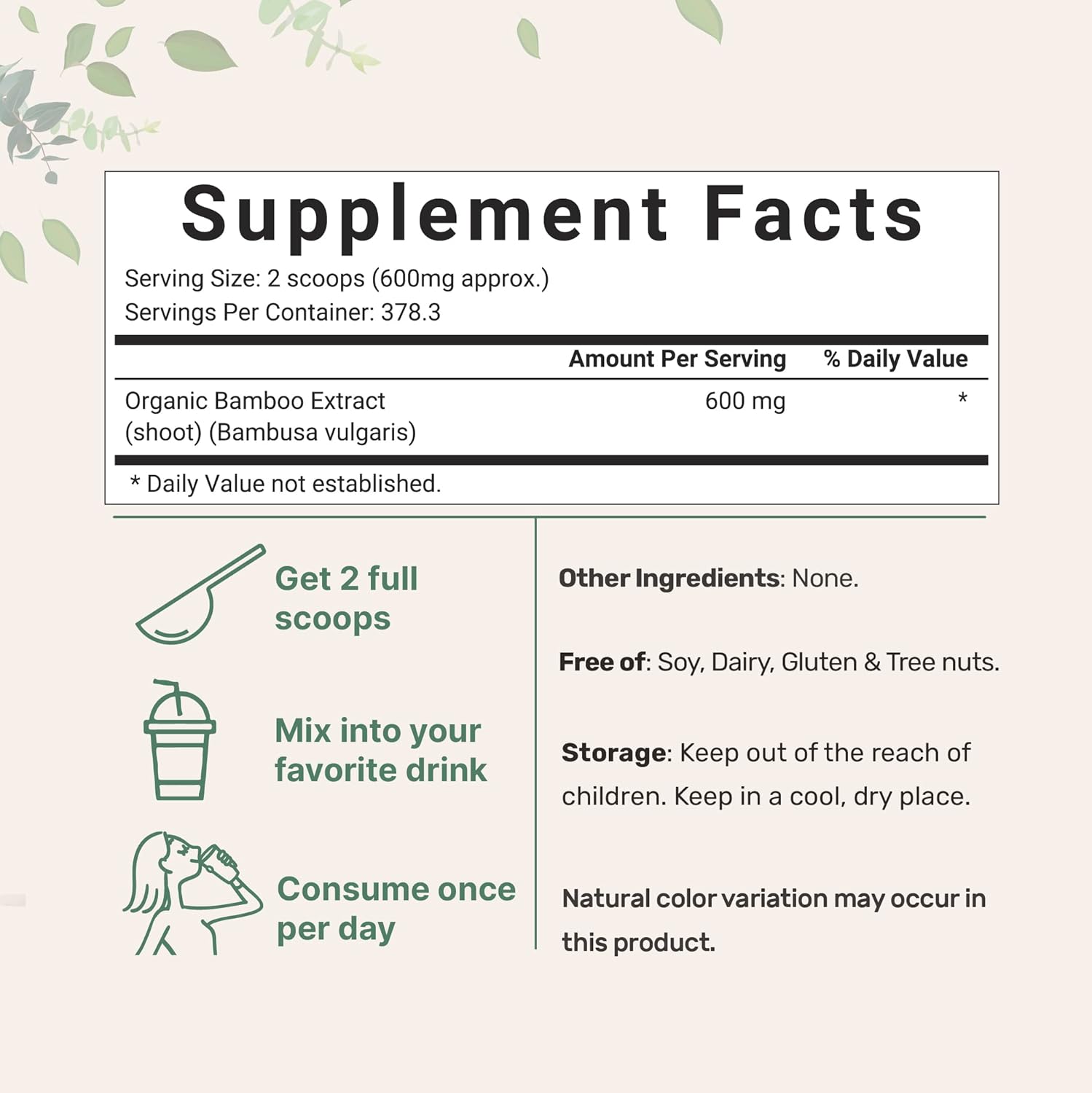 Micro Ingredients Organic Bamboo Extract Powder, 8 Ounce (1 Year Supply), Rich in Silica and Minerals, Supports Healthy Skin, Nail, Hair, Joints and Bones, Non-GMO and Vegan Friendly