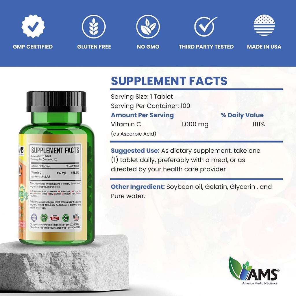 America Medic & Science Rapid-C 500mg Vitamin C Supplement 500 Tablets (5 Pack of 100 Tablets) Daily Immune System Support, Antioxidant | Vegan, Non-GMO Coated Ascorbic Acid for Adult Men & Women