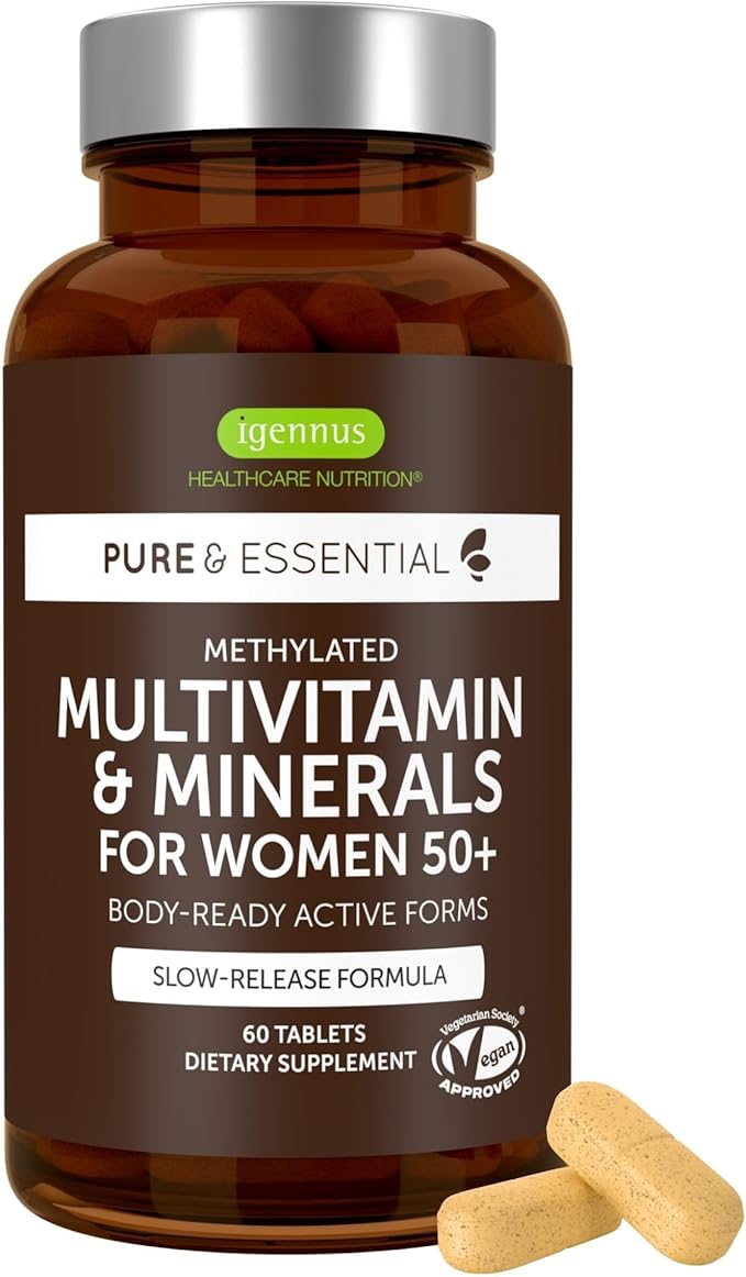 Igennus Methylated Women's 50+ Multivitamin with Calcium & Magnesium, Pure & Clean, All-Day Nutrient Delivery with High-Strength B-Vitamins, Antioxidant Support, Iron and Copper Free, 60 Vegan Tablets