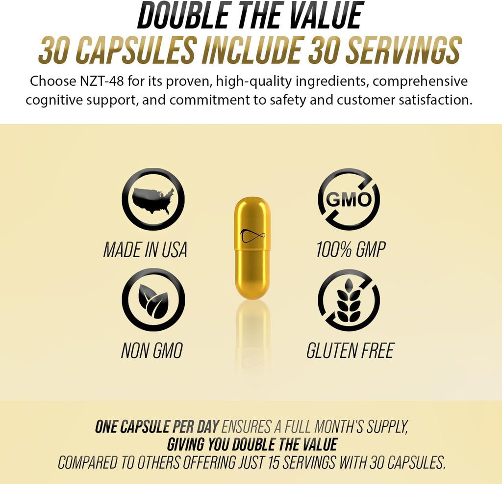 NZT-48 Brain Booster | Nootropic Brain Supplements for Memory and Focus | Premium Natural Energy Supplement with Caffeine, Phosphatidylserine, Vitamins B6 & B12, Ashwagandha | 30 Servings