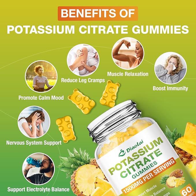 Potassium Citrate 1500mg Gummies - Potassium Supplement for Women & Men, Supports Leg Cramp Relief & Muscle Health, Vegan, Pineapple Flavor (120 Count)