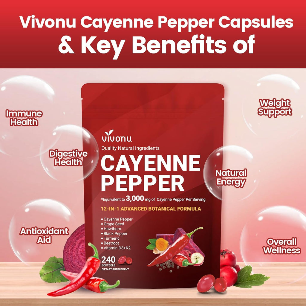 VivoNu Cayenne Pepper Softgels Supplement, Supports Leg Vein, Heart and Blood Vessel Health, with Vitamin E D3+K2 and Extracts of Grape Seed, Hawthorn, Beetroot, Berberine and Others