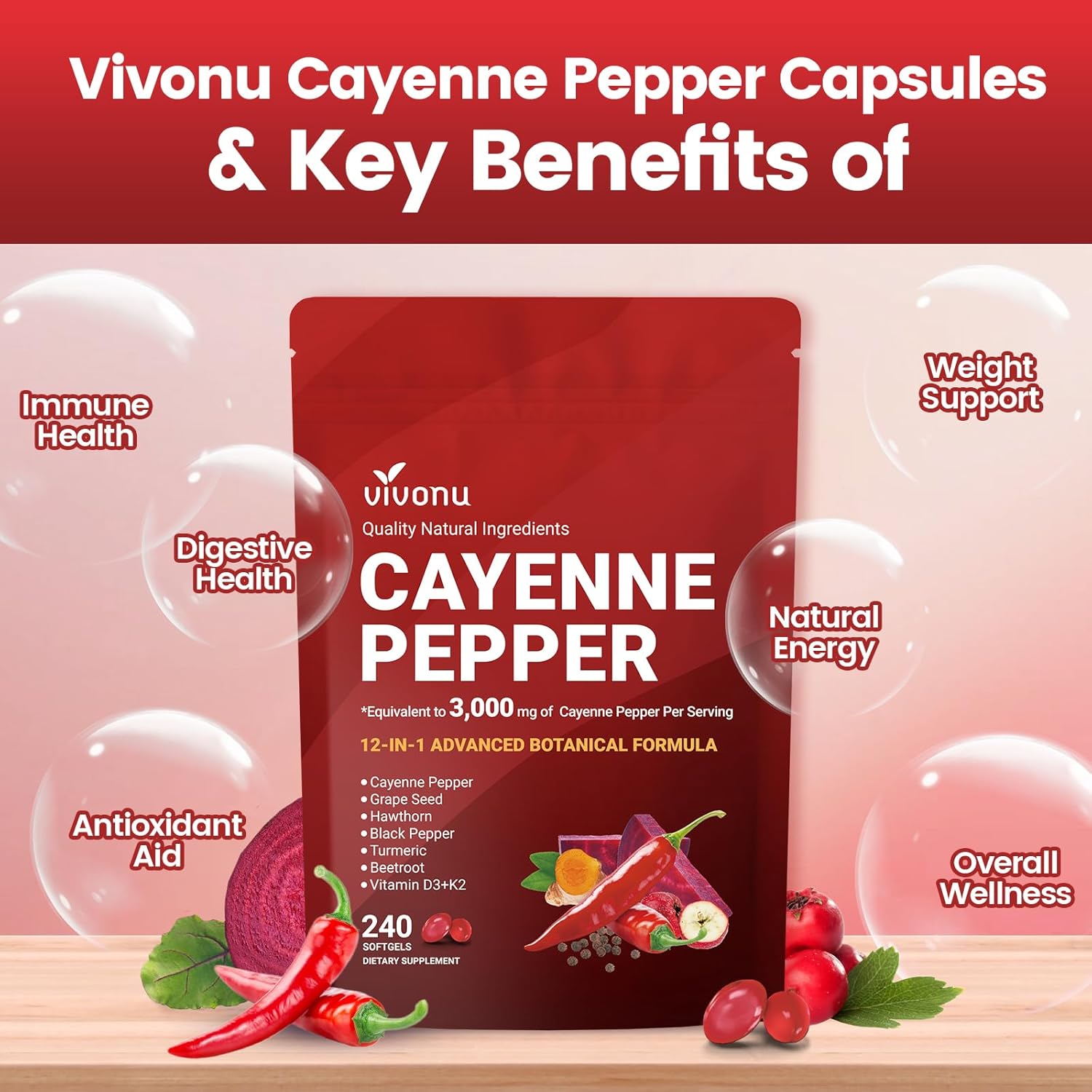VivoNu Cayenne Pepper Softgels Supplement, Supports Leg Vein, Heart and Blood Vessel Health, with Vitamin E D3+K2 and Extracts of Grape Seed, Hawthorn, Beetroot, Berberine