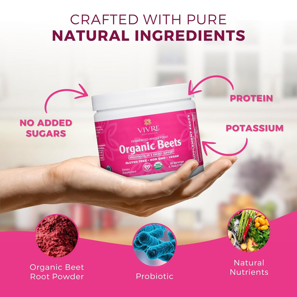 Vivre Naturals Fermented Whole Food Organic Beet Powder, USDA Organic, Probiotic-Enhanced Beetroot Superfood - Nitric Oxide Supplement for Blood Pressure Support, Heart Health Circulation, 30 Servings