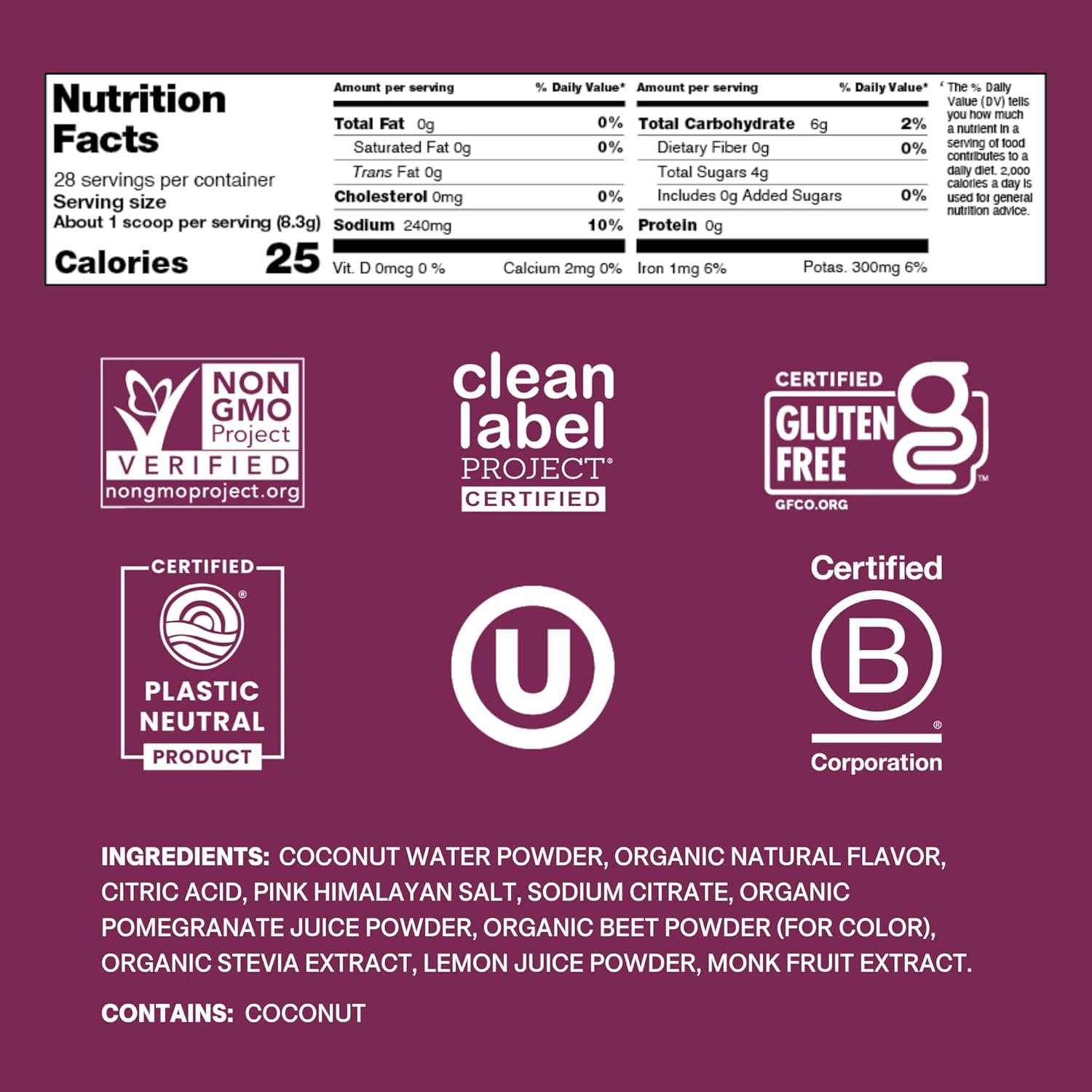 Cure Hydration | Plant-Based Electrolyte Drink Mix | No Added Sugar | FSA-HSA | Dehydration Relief Powder Made with Coconut Water | Non-GMO | Vegan | 28 Servings Jar - Berry Pomegranate