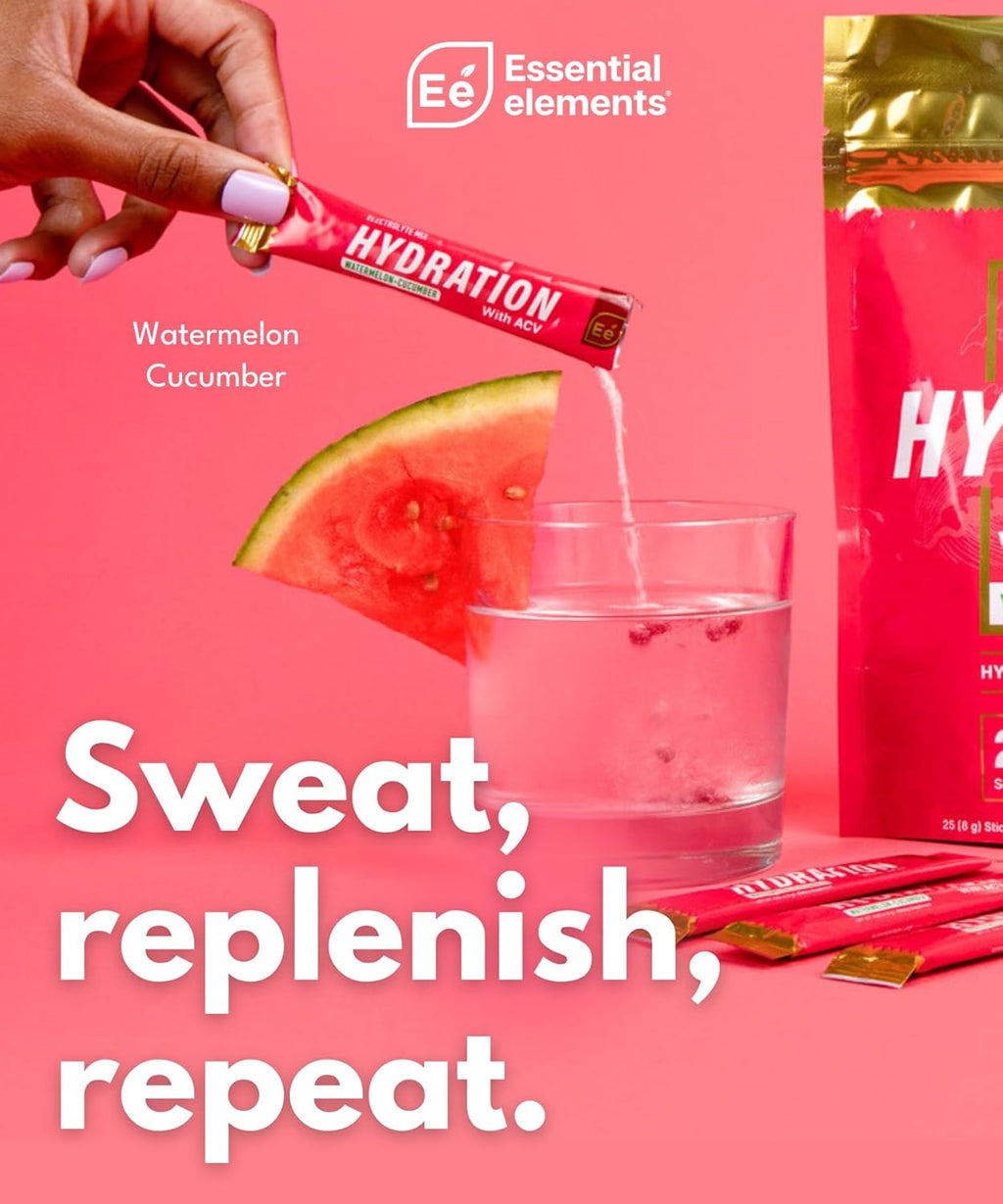 Essential Elements Hydration Packets - Watermelon Cucumber Pack - Sugar Free Electrolytes Powder Packets - 25 Stick Packs of Electrolytes Powder No Sugar - Hydration Drink - with ACV & Vitamin C