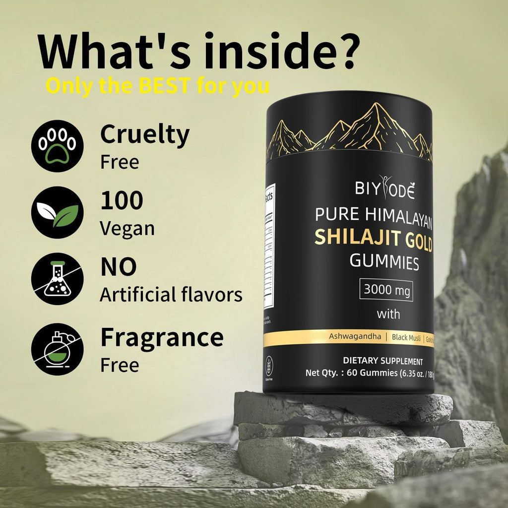 Pure Himalayan Shilajit Gummies: Rich in Ashwagandha, Gaulshura, Fulvic Acid, 85 Micronutrients. Suitable for Men. No Added Sugar. Non-GMO. 100% Natural Organic. 60 Gummies.