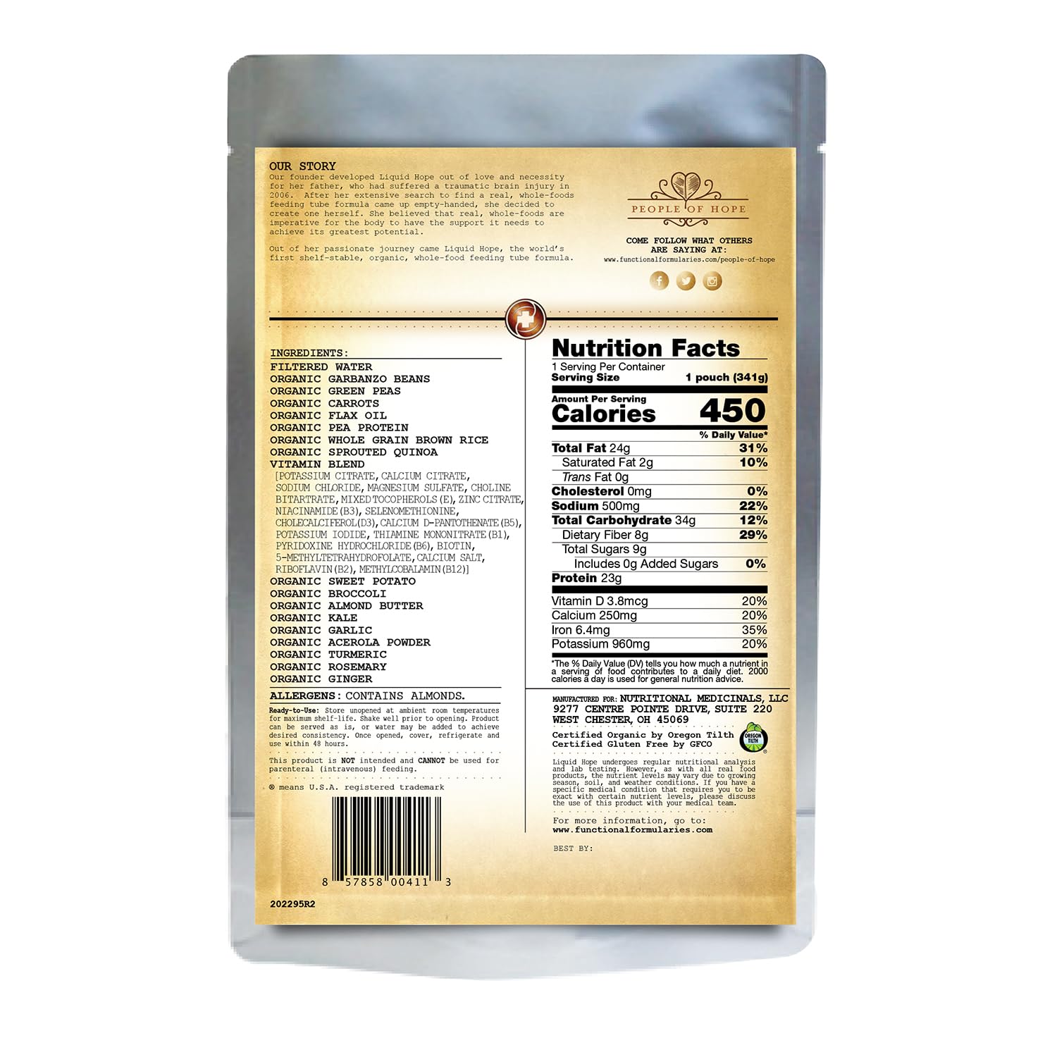 Functional Formularies Liquid Hope Organic Tube Feeding Formula And Nutritional Meal Replacement Supplement, 12 Oz Pouch, Pack of 24