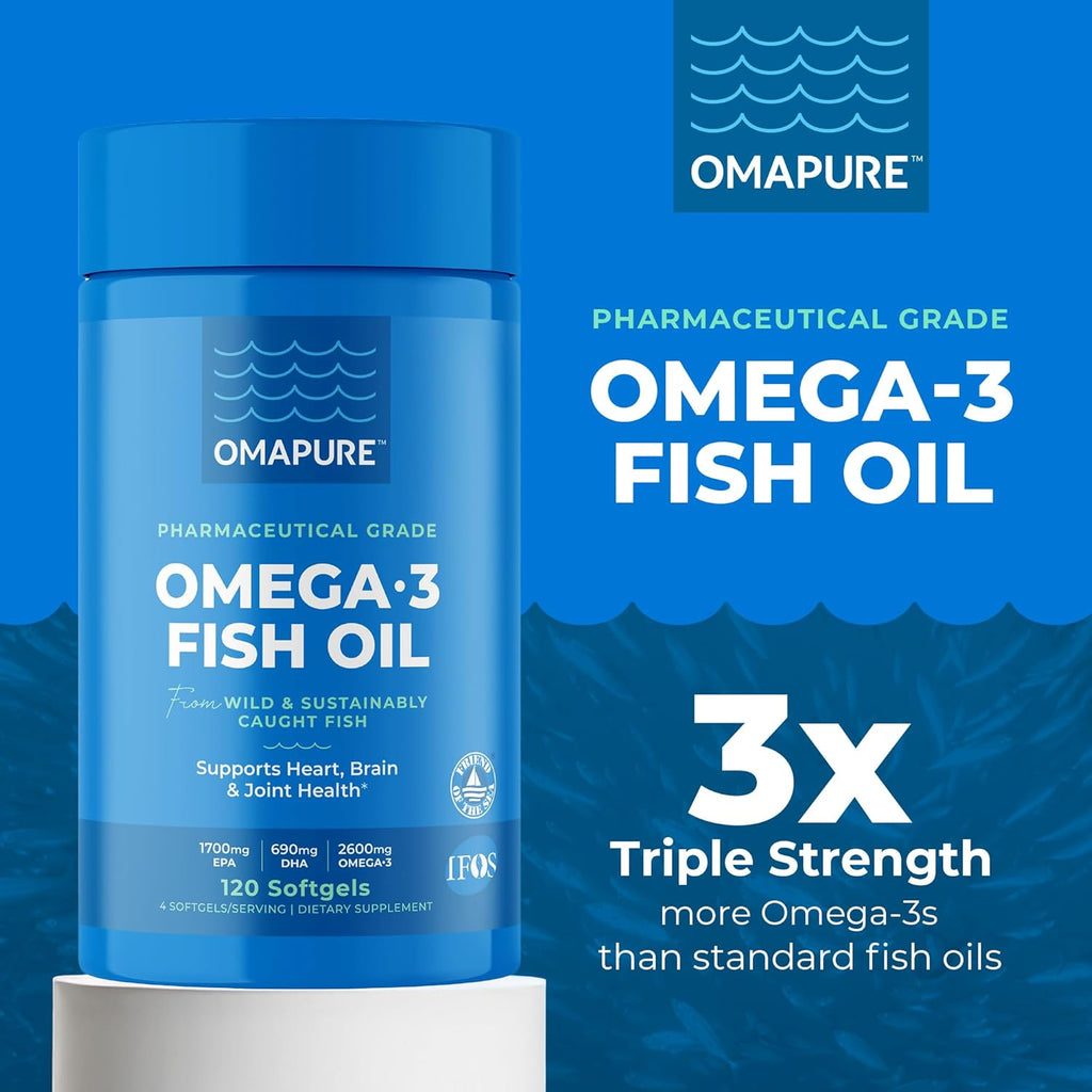 OMAPURE Fish Oil Supplements with Omega 3 Fatty Acids (5 Bottle, 120 Softgels) - High EPA, DHA, & IFOS Fish Oil Pills Support Heart & Joint Health - Burpless - Promotes Brain Function
