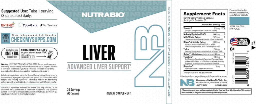 NutraBio Liver Supplement- Advanced Liver Support with Antioxidants, Milk Thistle Liver Detox, Glutathione, Tudca- Promotes Liver Cleanse Detox and Repair- 90 Capsules