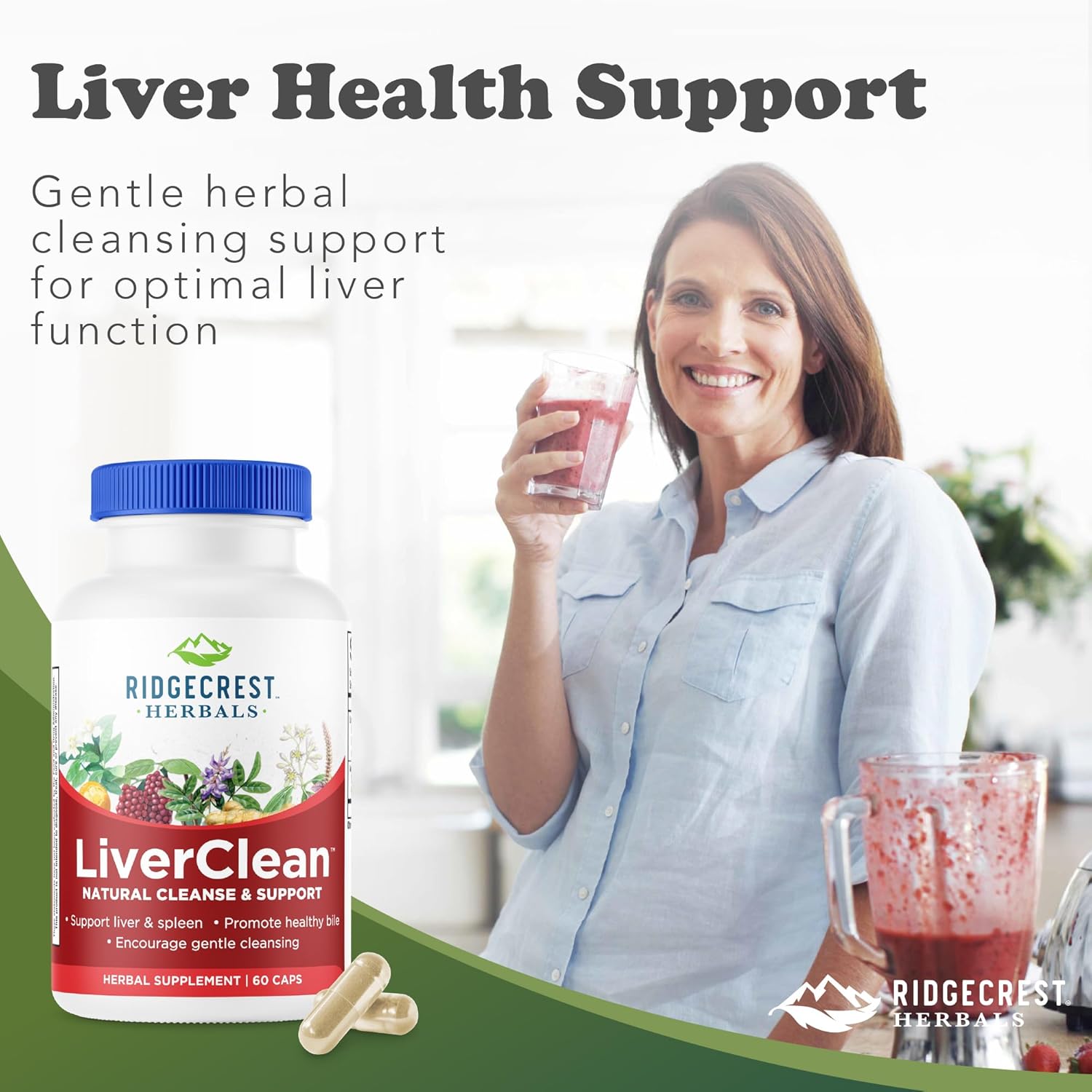 Ridgecrest Herbals LiverClean, Herbal Liver Support Supplement, Blessed Thistle, Dandelion, Detox, Cleanse Support, Healthy Bile (60 Caps, 30 Serv)