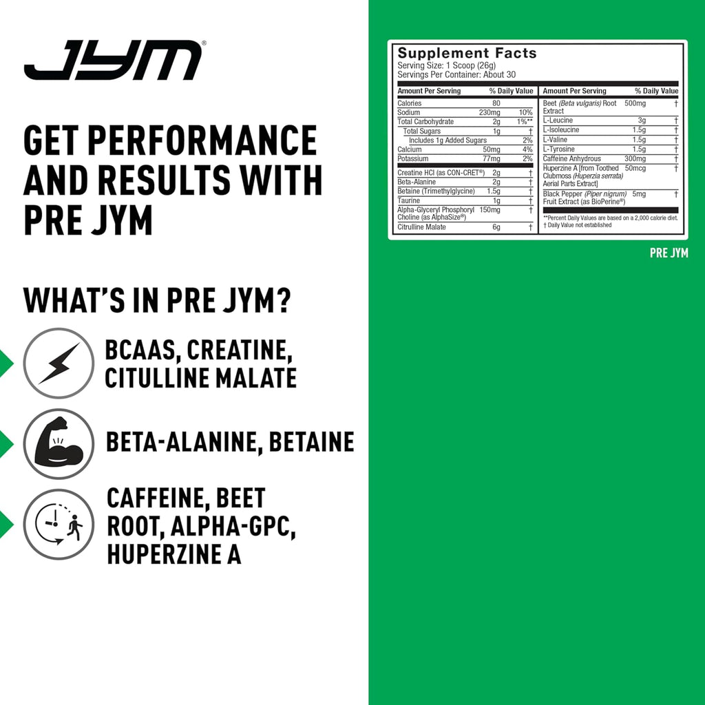 JYM Supplement Science Pre JYM Pineapple Strawberry Pre Workout Powder for Men & Women, BCAAs, Nootropics, Creatine HCI, Citrulline, Beta-Alanine, Betaine, Taurine, Huperzine, 30 Servings