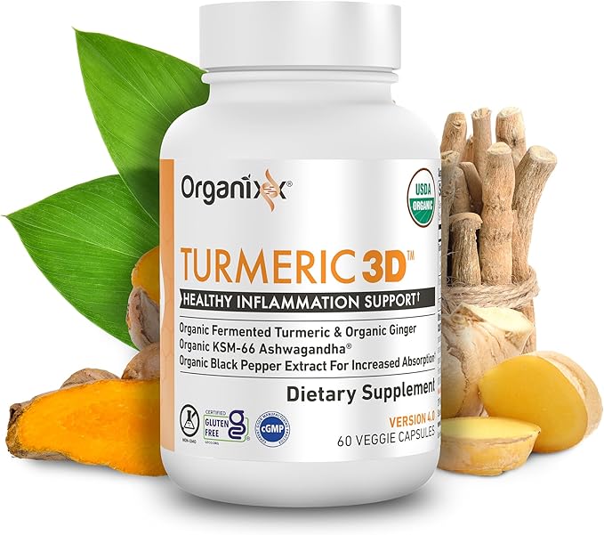 Organixx USDA Organic Turmeric Curcumin Supplement with Ashwagandha, Vitamin D, Turmeric & Ginger – Fermented for Maximum Bioavailability, 60 Count + 30 Count