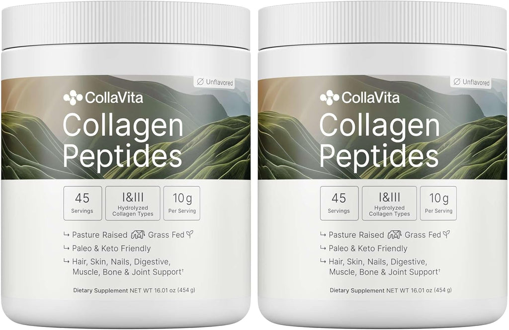Collagen Peptides Powder Grass-Fed Pasture-Raised Hydrolyzed Collagen Powder, Type I & III Hair, Nails, Skin and Joints, Non-GMO, Paleo & Keto, Unflavored, 16 Fl oz. 2 Pack, 45 Servings