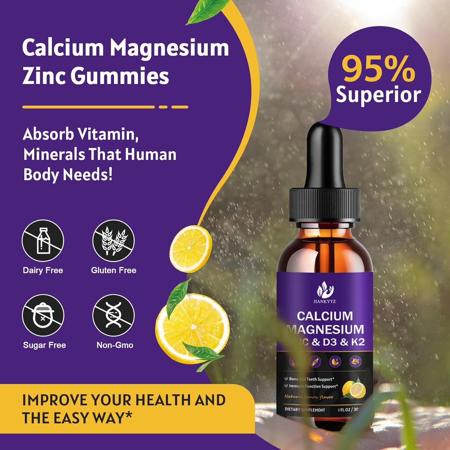 (4 Pack) Calcium Magnesium Zinc Liquid Drops for Women and Men - Bone & Teeth, Immune Support, Liquid Calcium Supplement with Magnesium Glycinate, Vitamin C D3 K2 B6, Lemon Flavor | Sugar Free