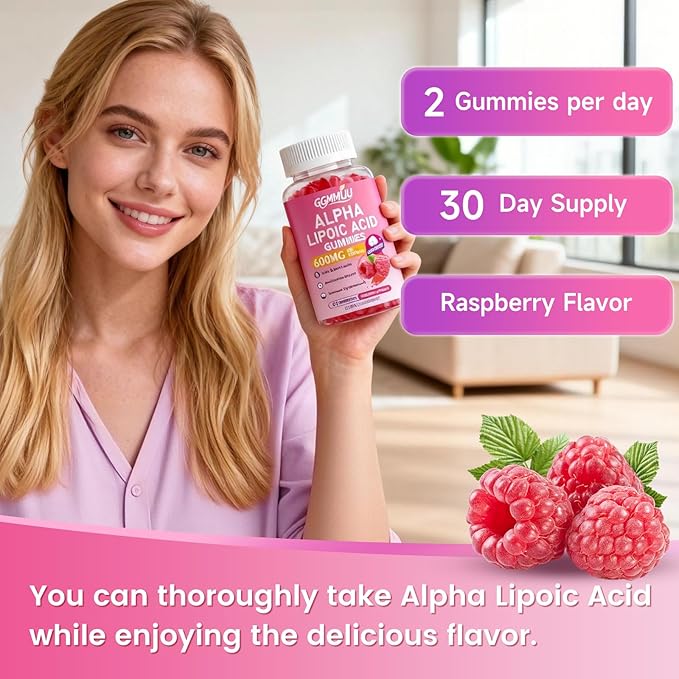 Alpha Lipoic Acid Gummies 600mg, High Absorption Chewable ALA Supplement, Raspberry Flavor, Vegan, Sugar Free, 60 Count