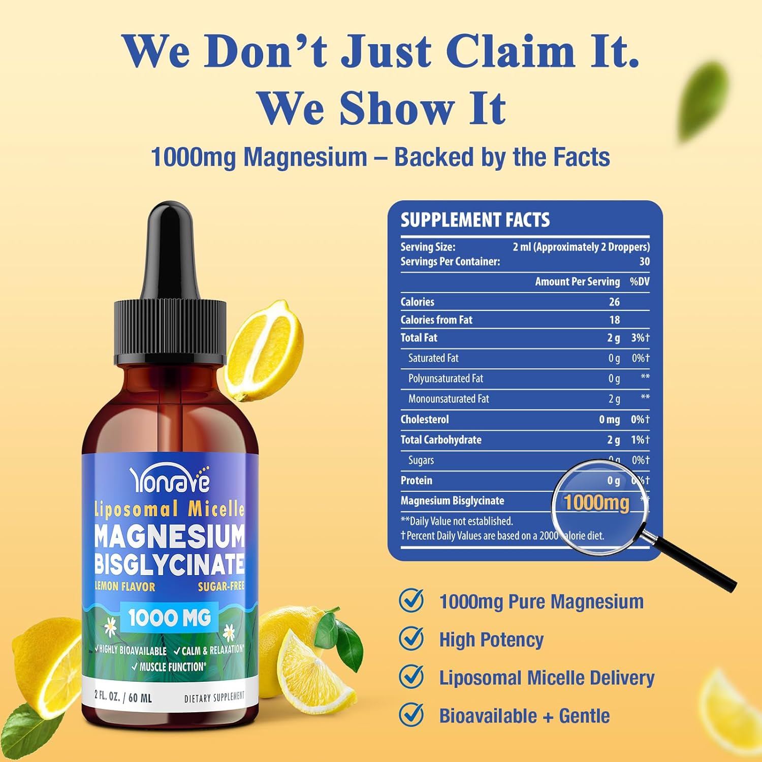 Magnesium Bisglycinate– High Absorption Liquid Magnesium Complex – Liposomal Micelle Chelated Magnesium Supplement – Sleep, Muscle, Heart, Calm– Sugar Free, Vegan, 60ml (2 Bottle)