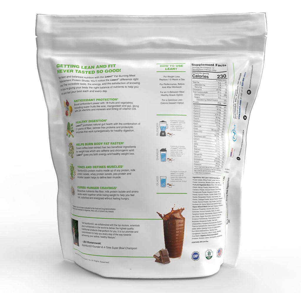 Lean1 Chocolate 5 Pound (37 Servings), Fat Burning Meal Replacement
