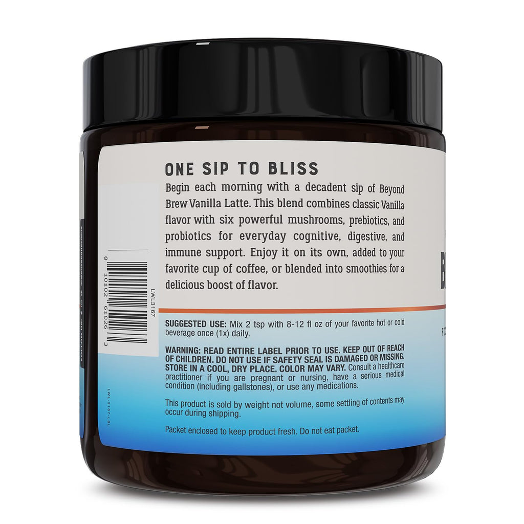 Beyond Brew Vanilla Latte Coffee Alternative - Mushroom Complex w/Lion’s Mane, Reishi, Cordyceps & Chaga for Sustained Focus, Energy & Immunity Support. Prebiotics & Probiotics Support Gut Health, 30