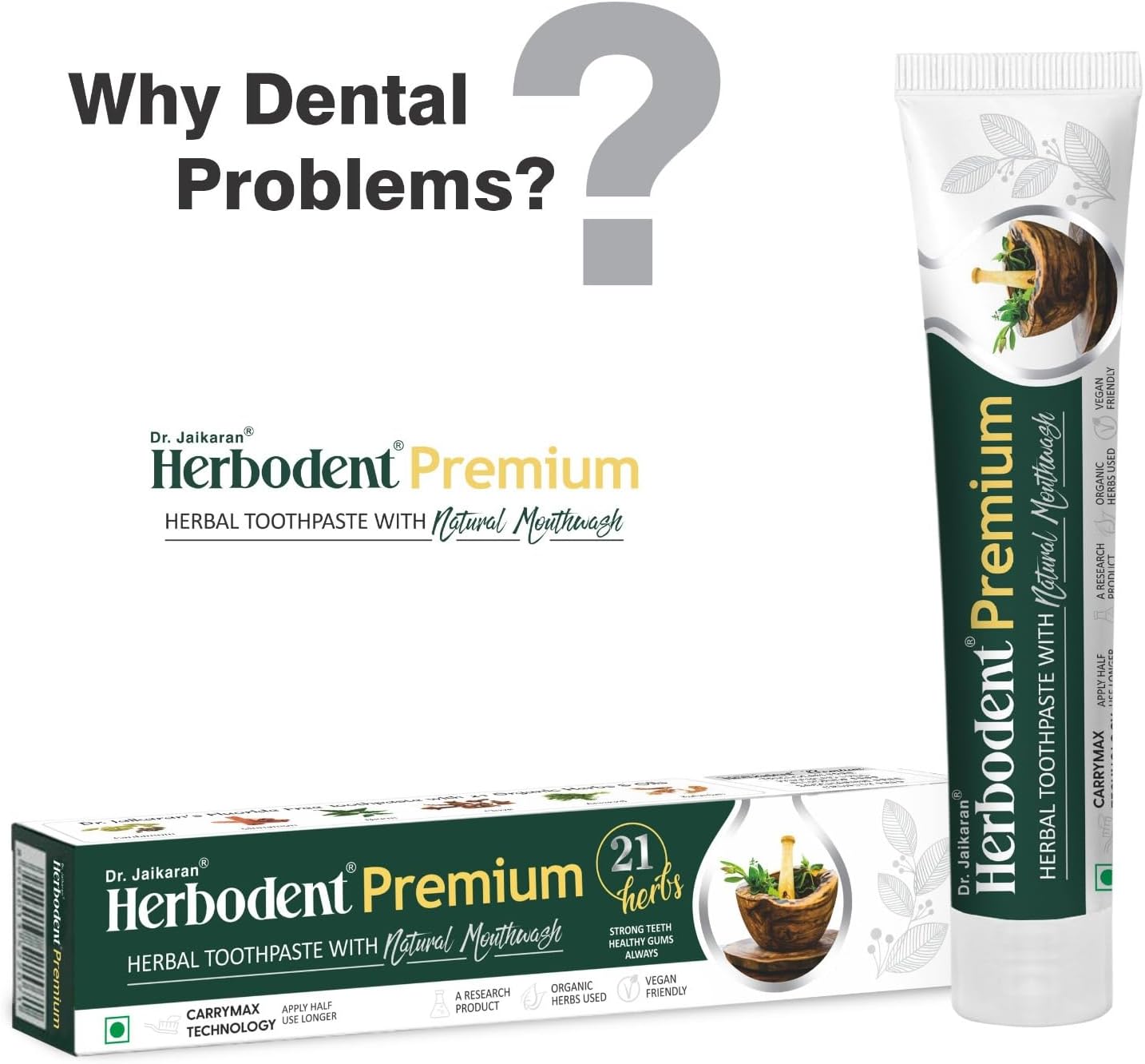 Herbodent® Premium Toothpaste - 5.82 Oz Pack of 2 | 21 Herbs for Strong Teeth & Healthy Gums- Neem, Clove, Cinnamon, Cardamom with Natural Mouthwash-No Paraben, No Fluoride, No Saccharin, No Triclosan