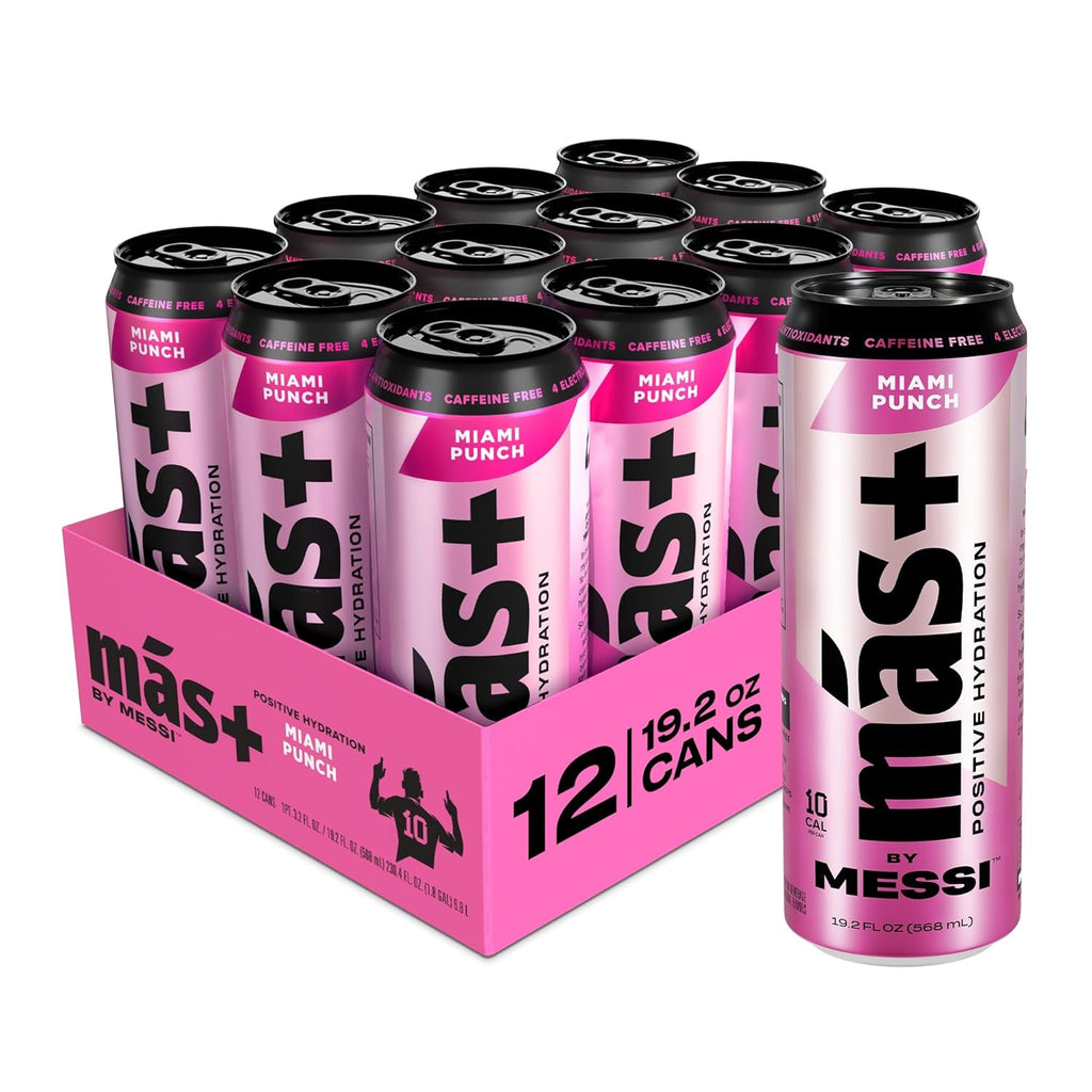 Más+ By Messi 19.2oz Miami Punch Sports Drink & Hydration Beverage, Natural Flavors with Vitamins and Electrolytes, No Artificial Sweeteners or Colors, 12-pack