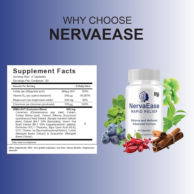BLUE VIBE NervaEase Premium Health & Wellness Nootropic Supplement, NervaEase Advanced All Natural Health Management & Overall Support Supplement Formula Pills (1 Pack - 60 Capsules)