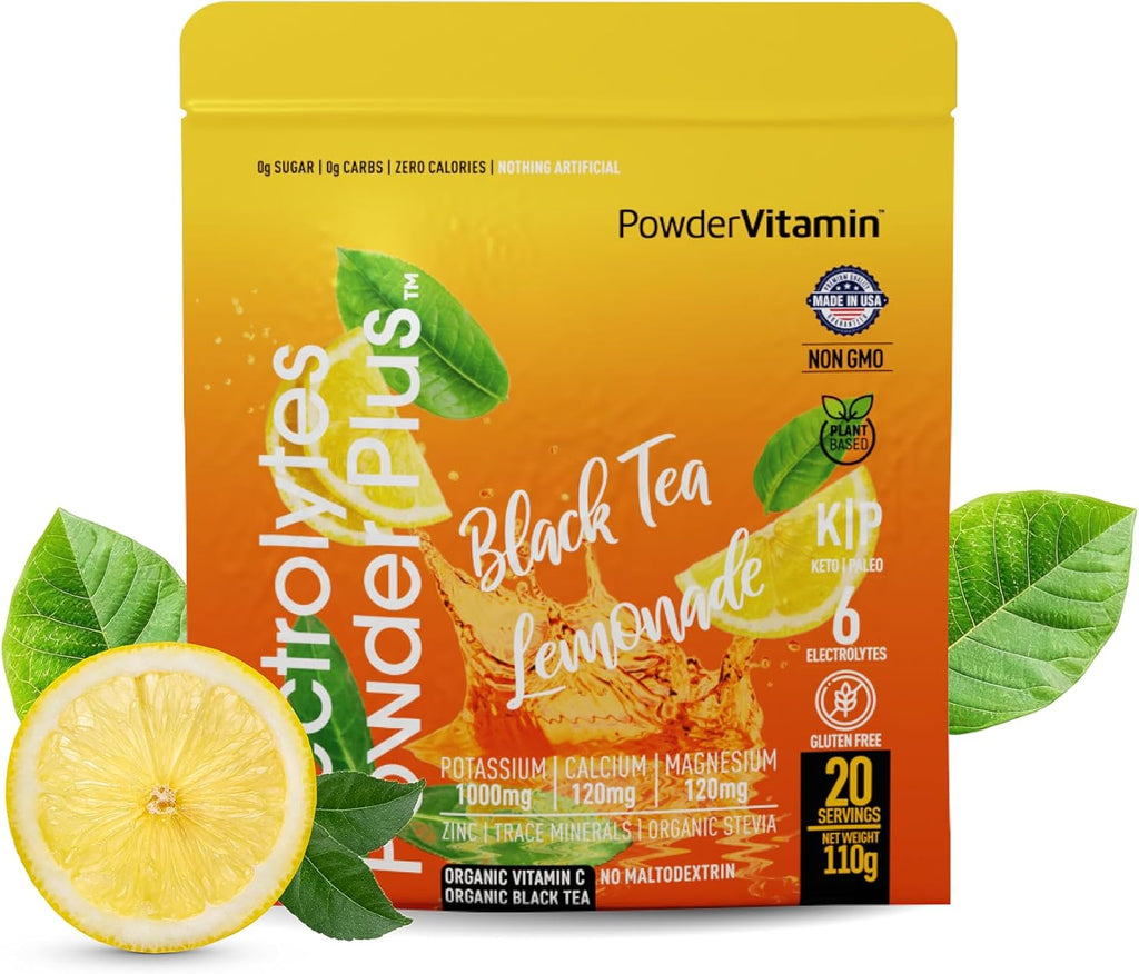 PowderVitamin Electrolytes Powder Plus (20 Servings) Black Tea Lemonade Electrolyte Powder Keto, Sugar Free, Pink Himalayan Salt,1000mg Potassium,120mg Calcium,120mg Magnesium, Hydration Powder