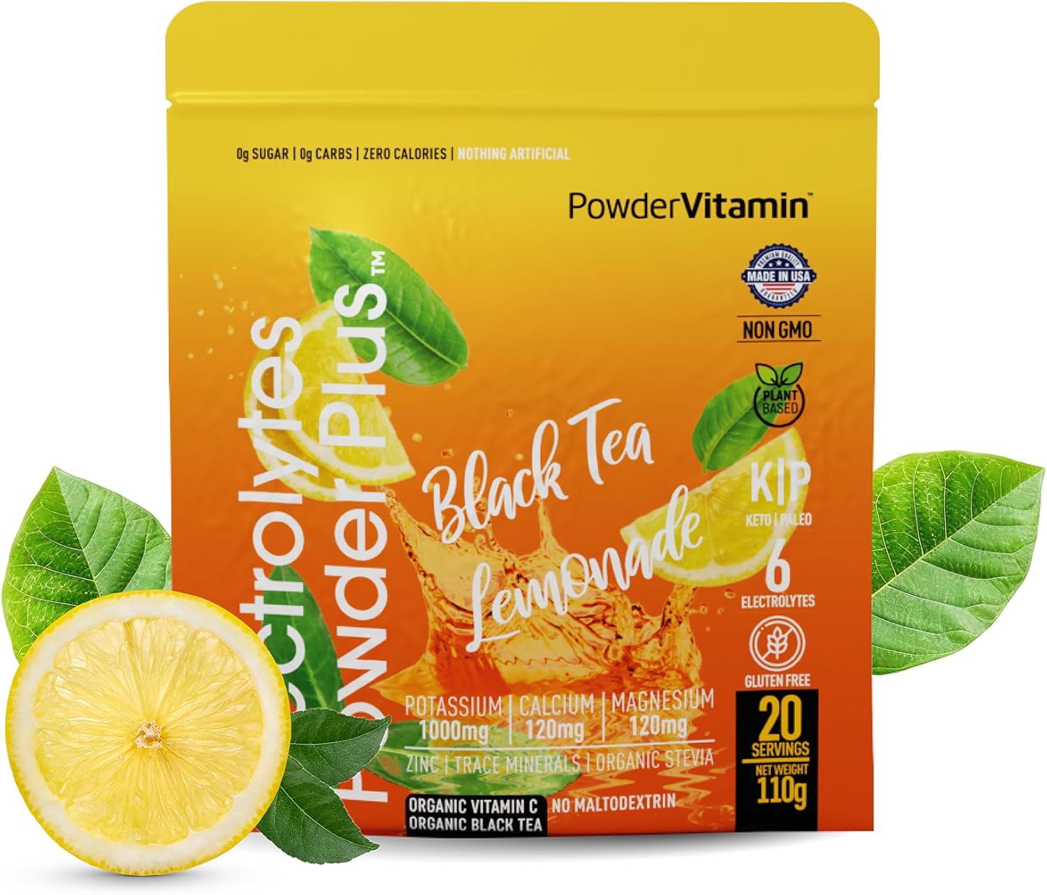 PowderVitamin Electrolytes Powder Plus (20 Servings) Black Tea Lemonade Electrolyte Powder Keto, Sugar Free, Pink Himalayan Salt,1000mg Potassium,120mg Calcium,120mg Magnesium, Hydration Powder