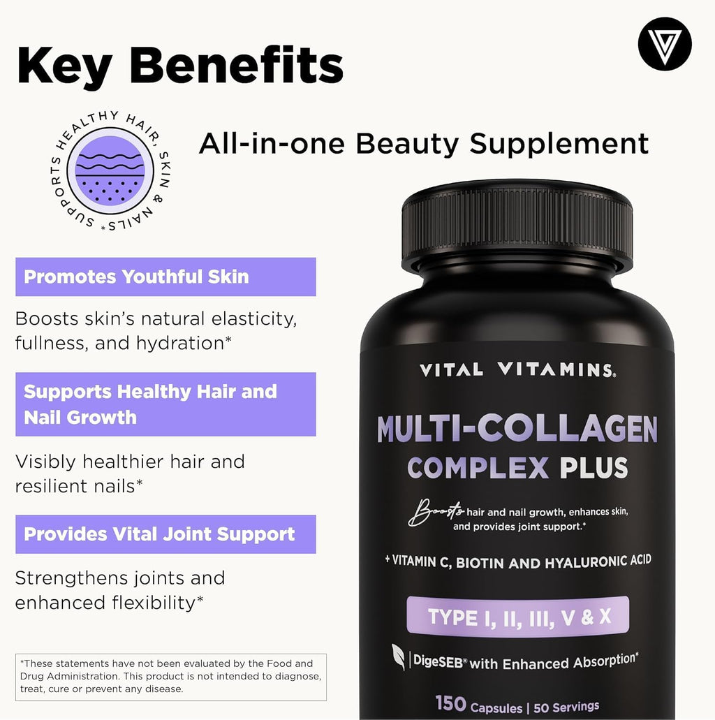 Vital Vitamins Multi Collagen Plus (2-Pack) - with Biotin, Hyaluronic Acid, Vitamin C - Type I, II, III, V, X - for Women & Men - Hair, Skin, Nails Beauty Complex - 300 Capsules