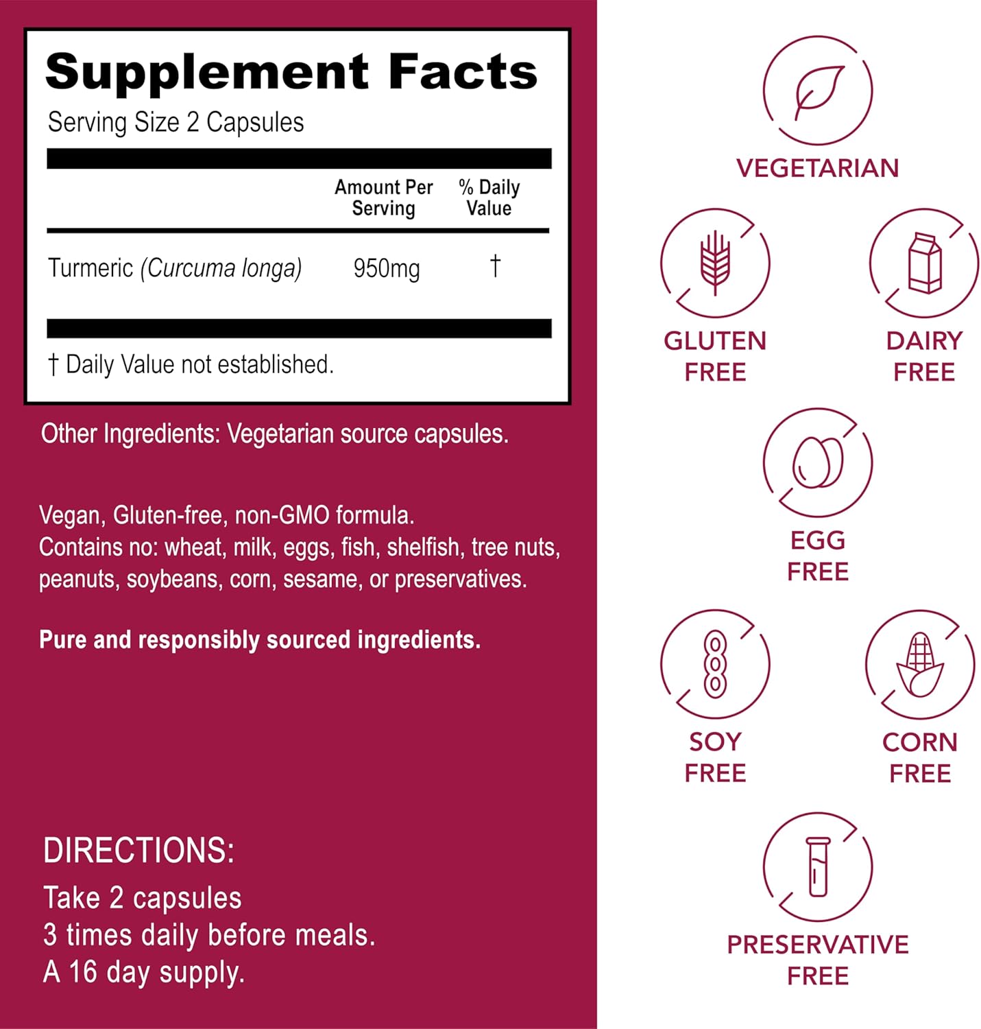 Kroeger Herb Products, Turmeric 950mg Joint Support & Antioxidant Supplement - Vegetarian, Non-GMO, No Preservatives or Fillers, Made in USA