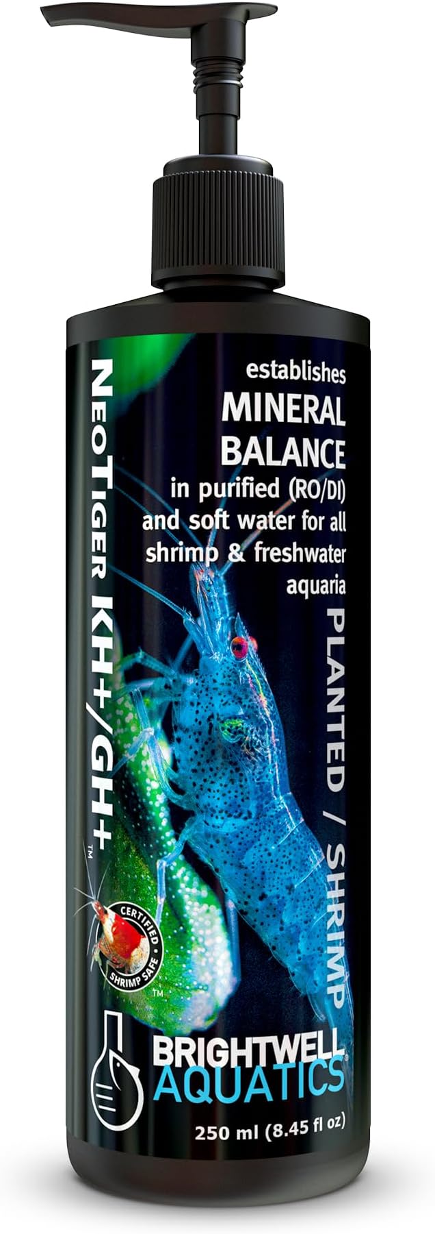 Brightwell Aquatics NeoTiger KH+/GH+ Mineral Supplement Balances Hardness in RO/DI Water with Calcium Magnesium Potassium Sodium for Shrimp Fish Planted Aquariums, 250 ml