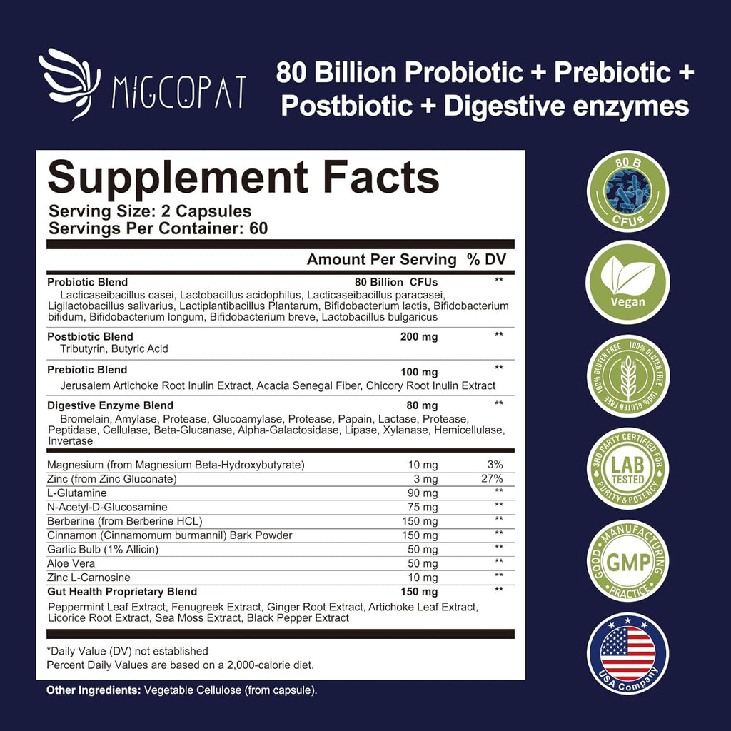 Probiotics for Digestive Health, 80 Billion CFU Probiotics, Prebiotics, Postbiotics & Digestive Enzymes, Gut Health Capsules with Berberine, Cinnamon, L-Glutamine, for Men & Women, 240 Counts