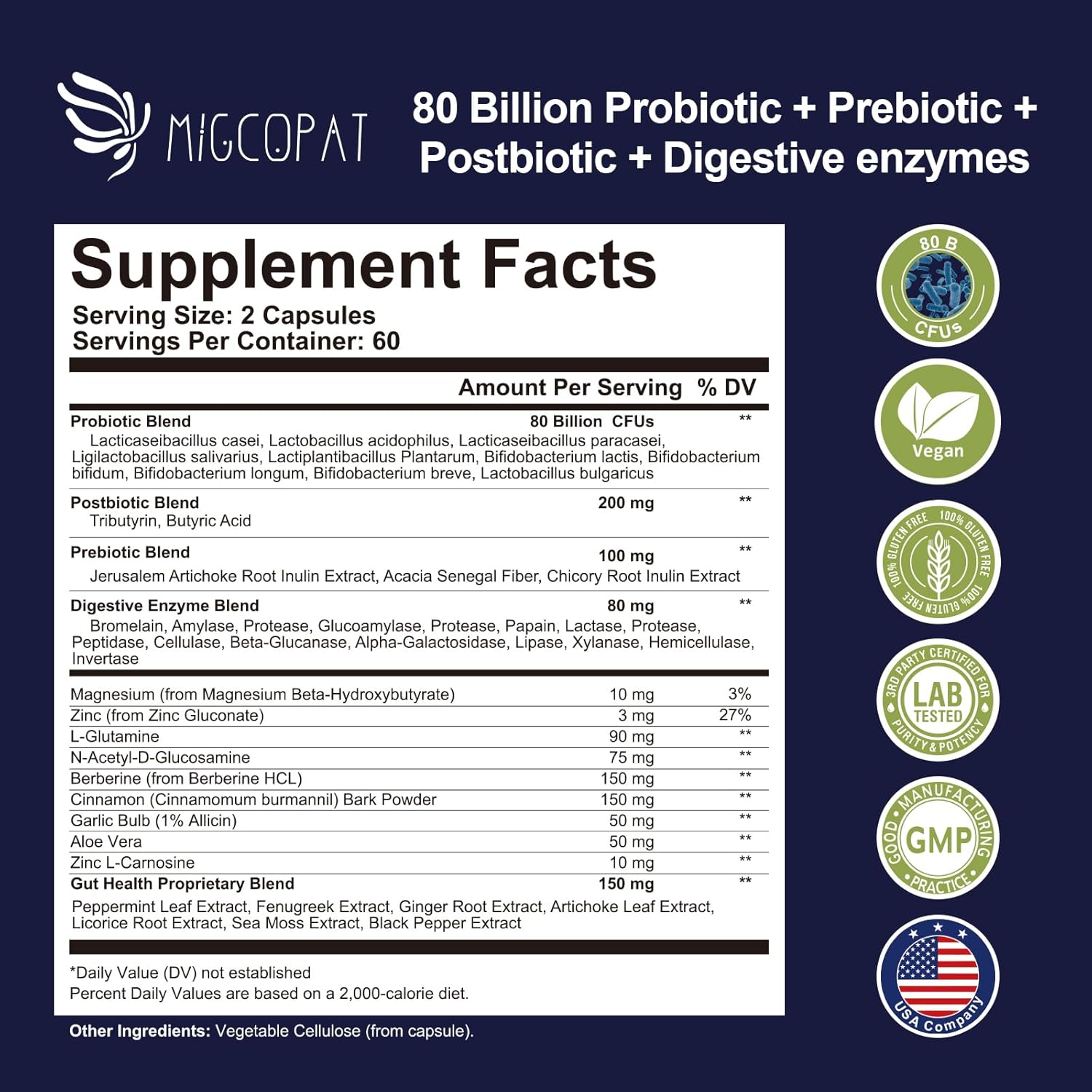 Probiotic Prebiotic, Postbiotic & Digestive Enzymes for Digestive Health, 80 Billion CFU Probiotics Complete Gut Support with Berberine, Cinnamon, L-Glutamine, for Men & Women, 120 Capsules