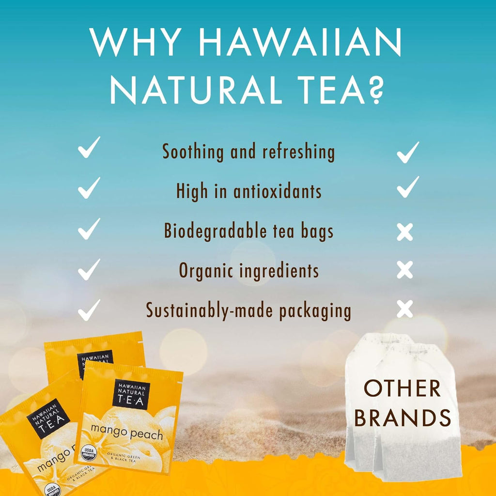 Hawaiian Natural Tea Mango Peach Flavored Organic Tea - Tropical Fruit Green and Black Tea Blend - Perfect Daily Cup & Gift for Special Occasions - 60 Tea Bags