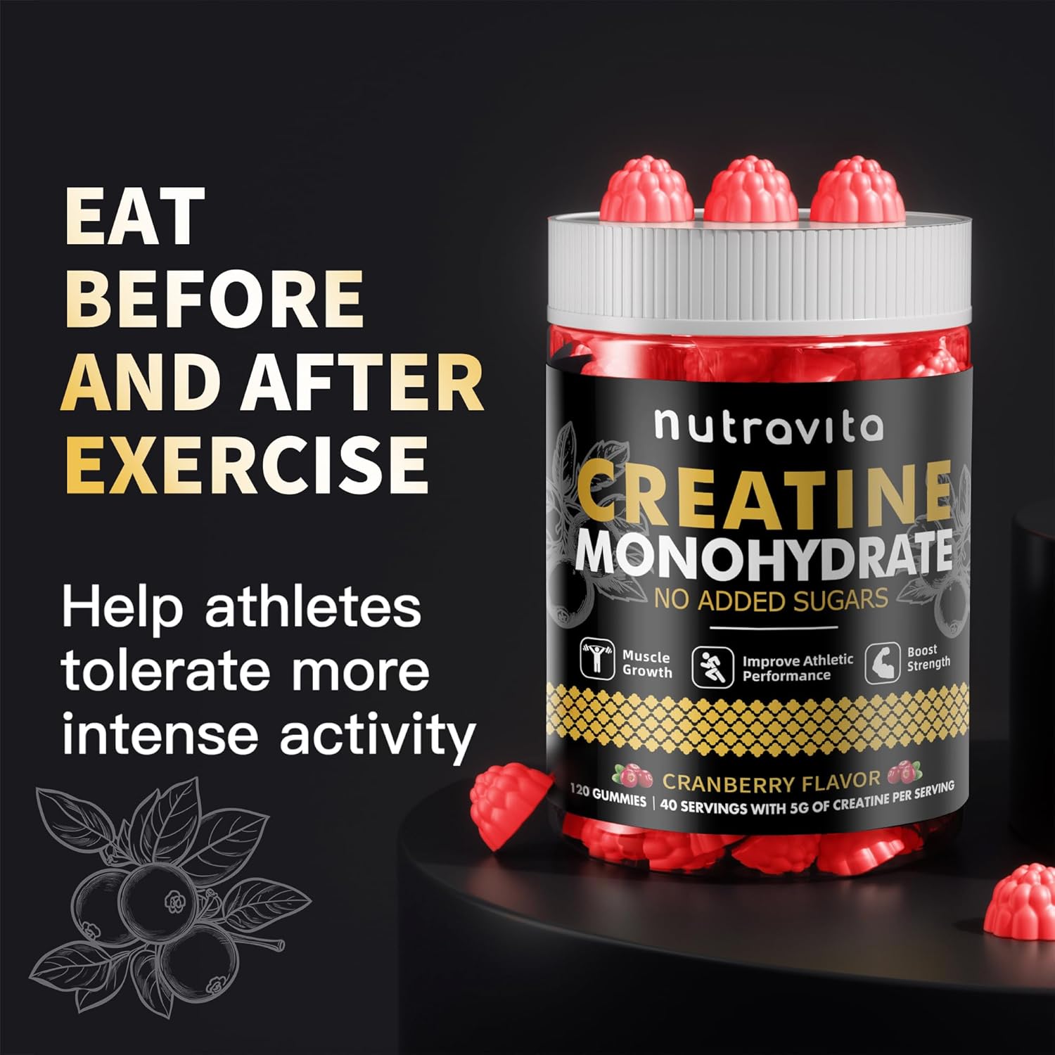 Creatine Monohydrate Gummies for Men & Women-5g of Creatine Monohydrate per Serving - Sugar Free,Vegan, Cranberry Flavor, 120 Count