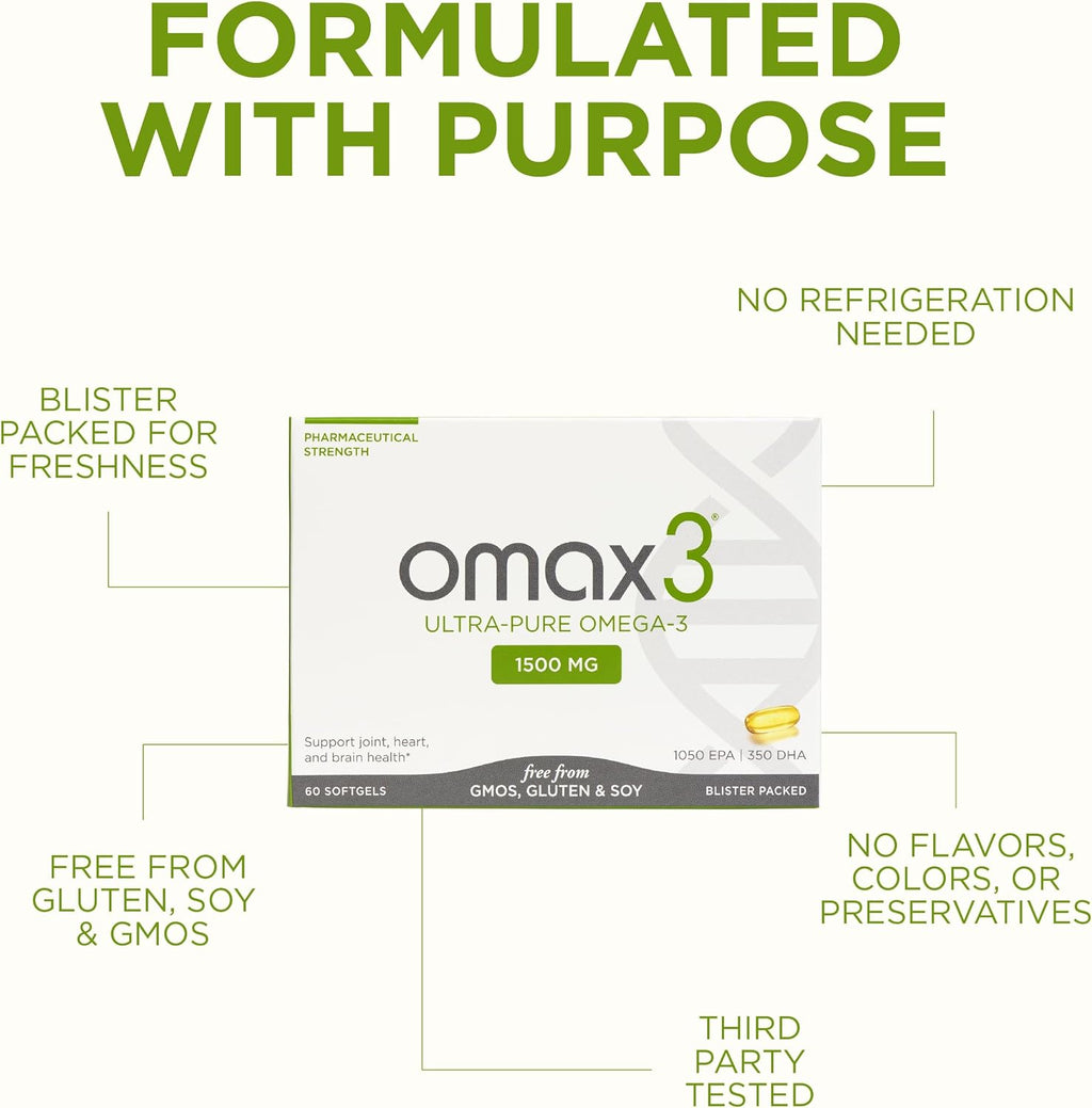 Omax3 4 Boxes Ultra-Pure Omega-3 Fish Oil Pills | High Concentration EPA DHA,1500 MG, Gluten Free, Non-GMO, Made in USA, 240 Softgels Blister Packs (4 Boxes)