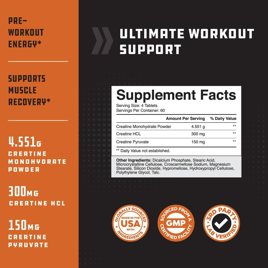 Natures Craft High Strength Tri Phase Creatine Tablets for Women & Men - Formula Blend of Creatine Monohydrate, 300mg HCL & Pyruvate Supplement - Muscle Mass Gain & Recovery Supplement - 240 Tablets