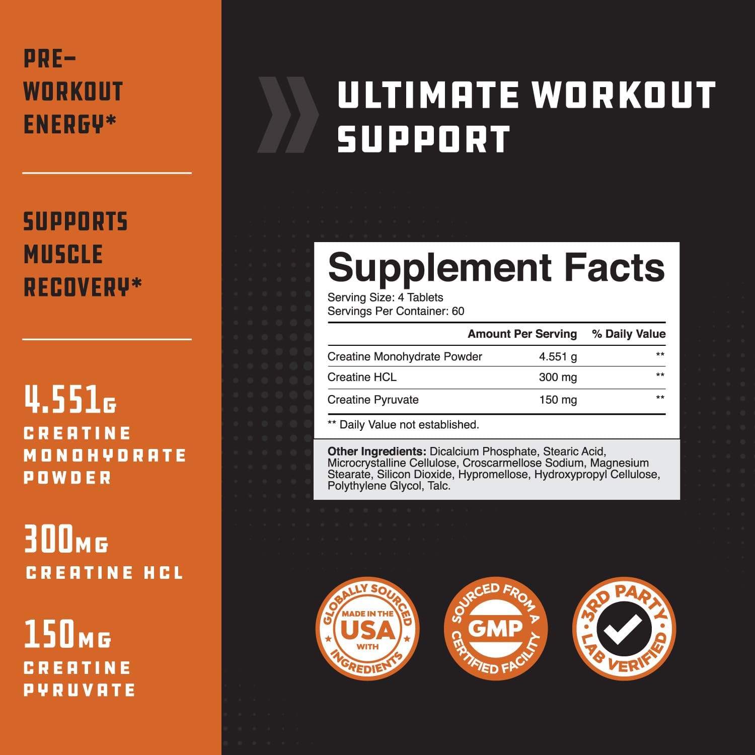 Natures Craft High Strength Tri Phase Creatine Tablets for Women & Men - Formula Blend of Creatine Monohydrate, 300mg HCL & Pyruvate Supplement - Muscle Mass Gain & Recovery Supplement - 240 Tablets