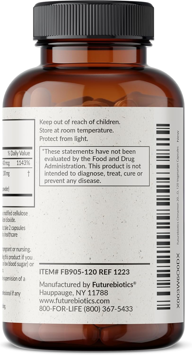 Futurebiotics Cinnamon Plus Chromium Picolinate Supplement, High Potency Chromium, Non-GMO, 120 Vegetarian Capsules